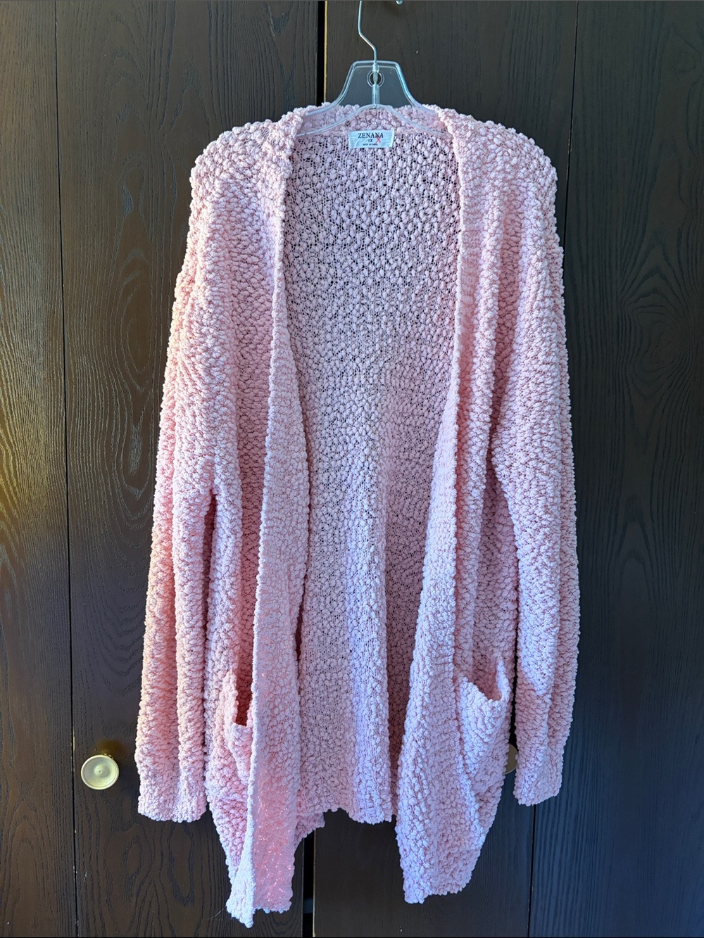 Zenana Outfitters Light Pink Popcorn Knit Long Open-Front Cardigan. Size 1X
